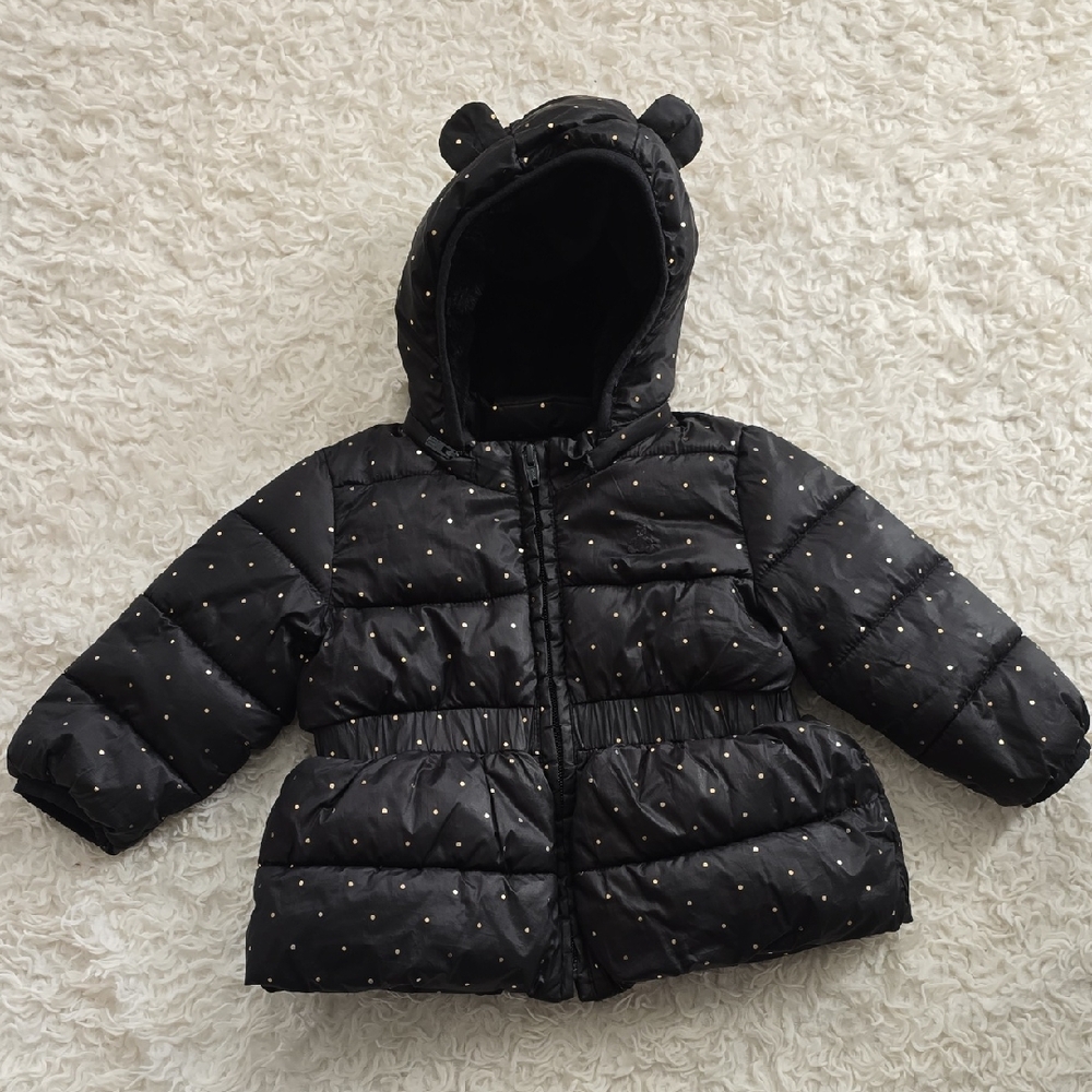 GAP Baby Black Puffer Jacket with Gold Polka Dots
